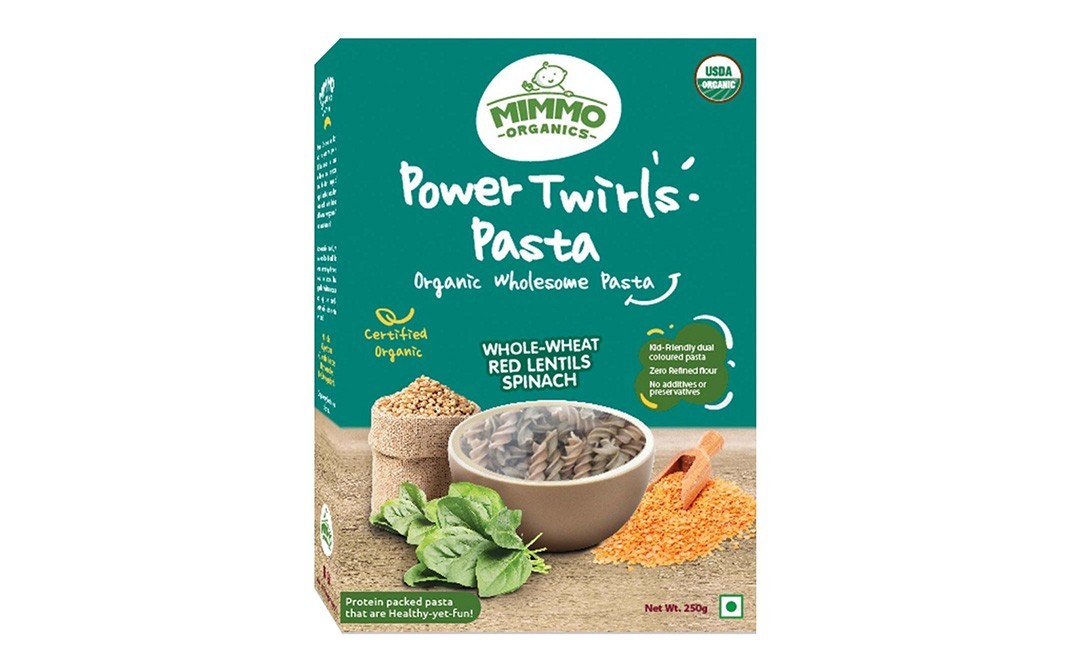 Mimmo Organics Power Twirls Pasta, Whole Wheat Red Lentils Spinach   Box  250 grams